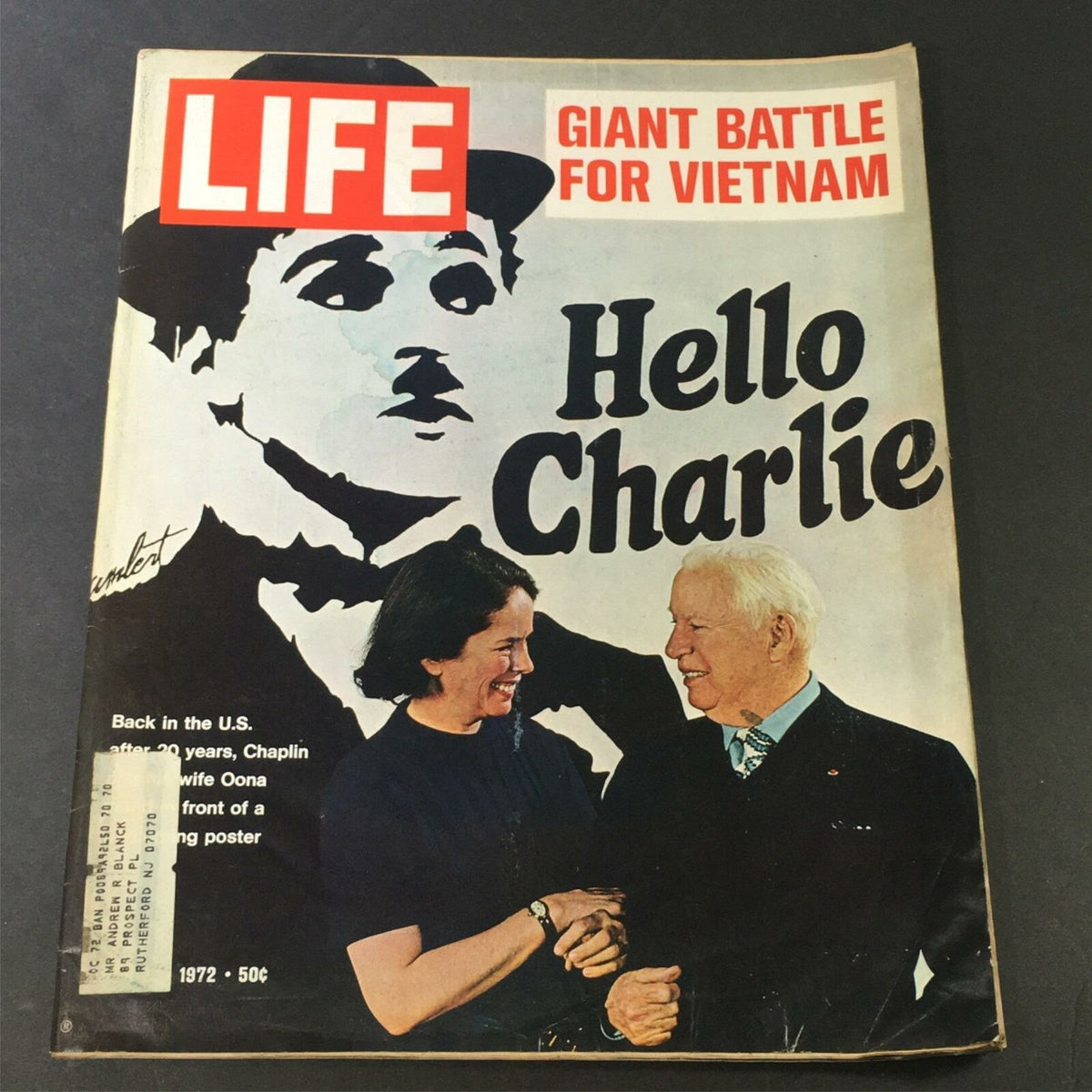 Vintage Life Magazine from April 21, 1972 featuring Charlie Chaplin on the cover with the headline 'Giant Battle For Vietnam' and a photo of Chaplin and his wife Oona.
