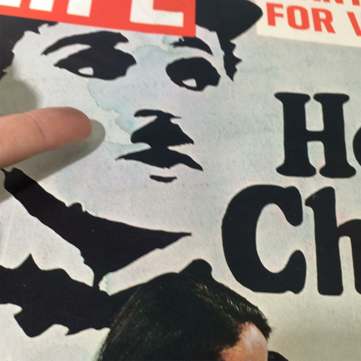 Close-up view of the cover of the Vintage Life Magazine from April 21, 1972 highlighting Charlie Chaplin and featuring the text 'Hello Charlie'.