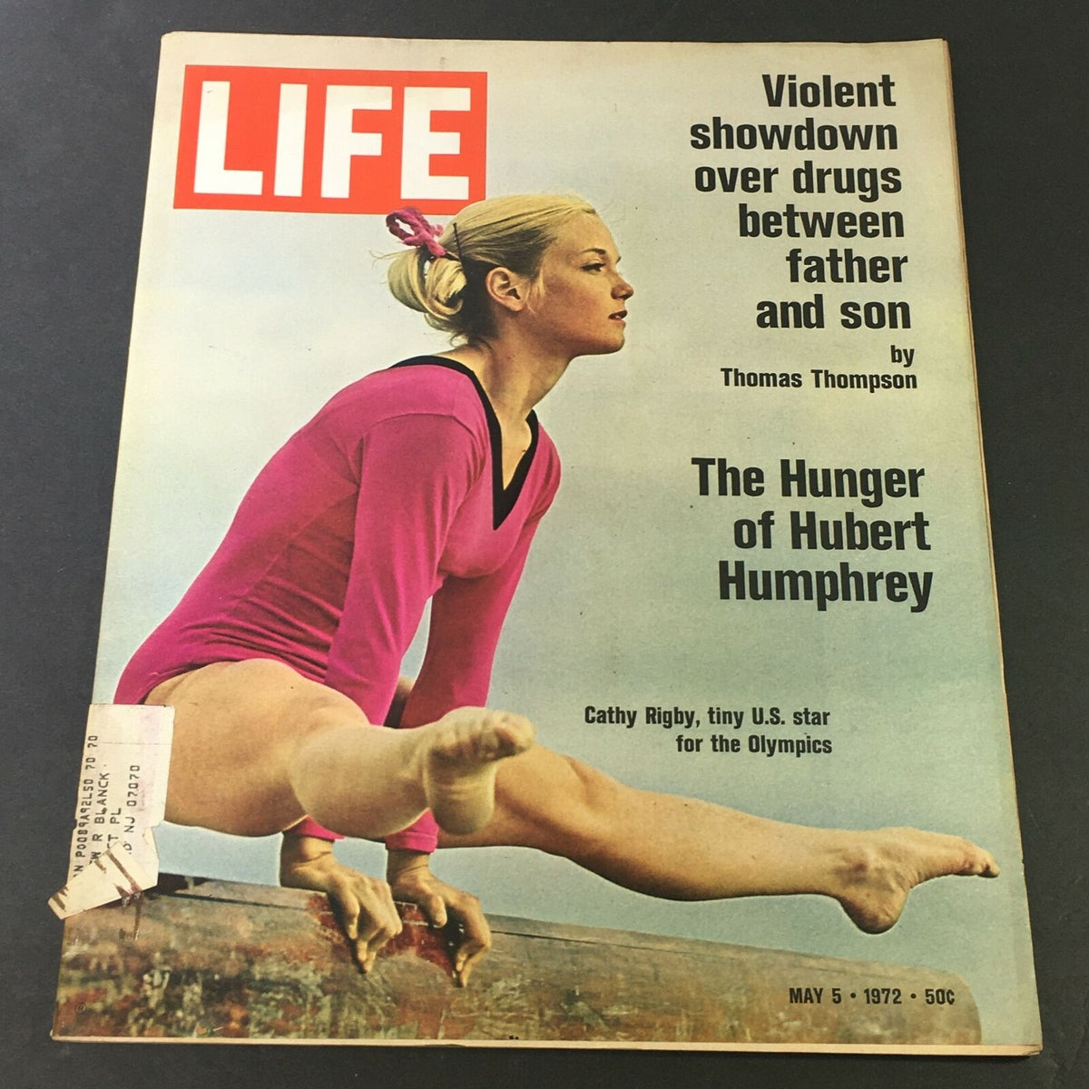 Vintage Life Magazine cover from May 5, 1972 featuring Cathy Rigby, showcasing an article titled 'The Hunger for Hubert Humphrey' with imagery of Rigby in a pink outfit, highlighting her role as a U.S. star for the Olympics, and discussing issues like drug conflicts between fathers and sons.