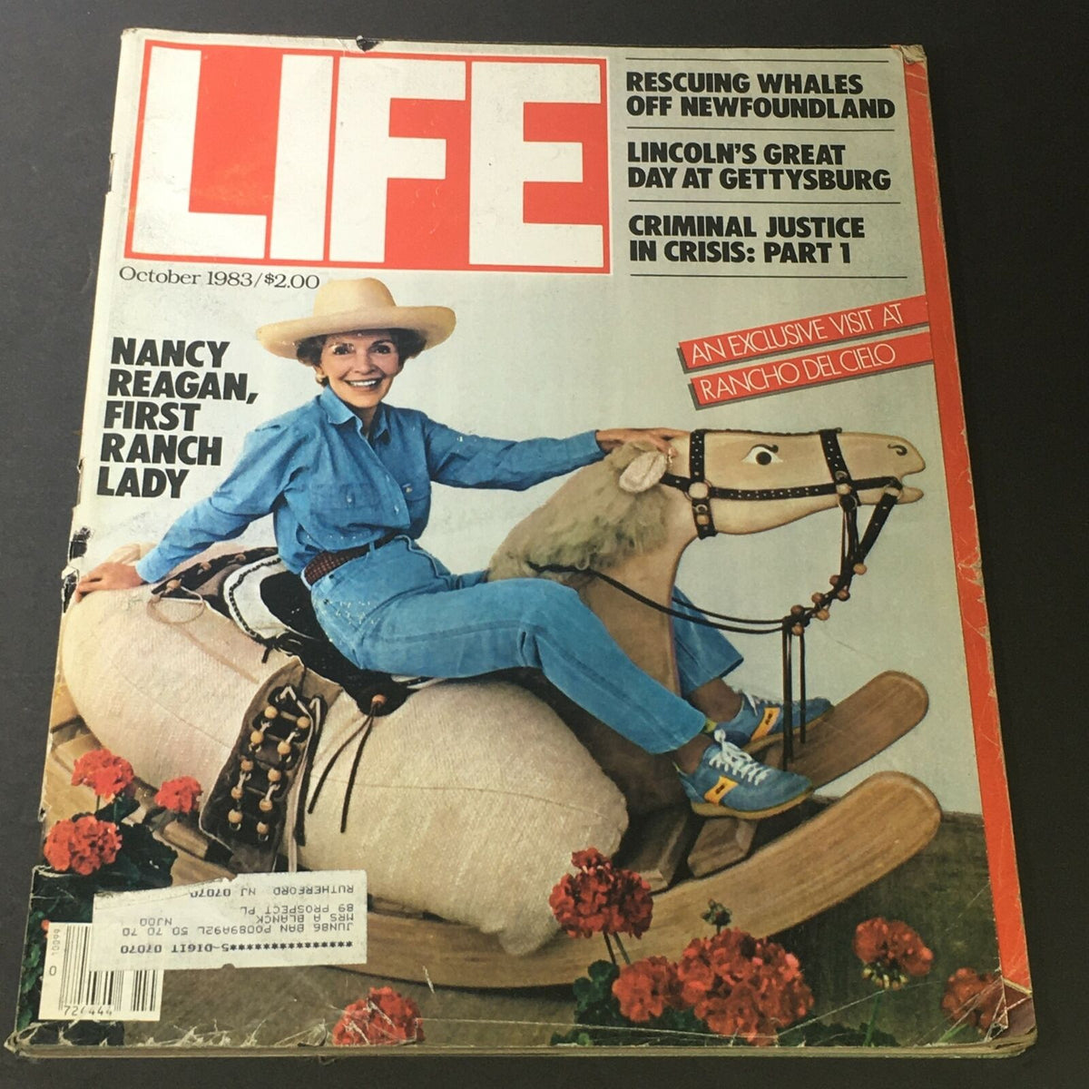 Cover of VTG Life Magazine October 1983 featuring Nancy Reagan, First Lady, at Rancho del Cielo, showcasing her smiling while riding a rocking horse.
