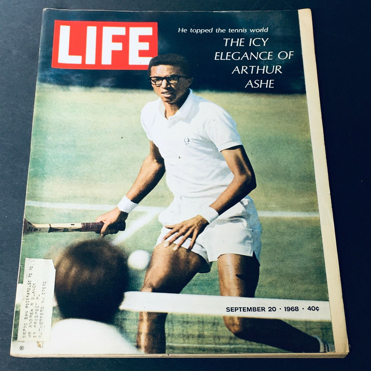 Cover of Life Magazine September 20, 1968, featuring Arthur Ashe, showcasing his icy elegance as he plays tennis. The magazine highlights Ashe's impact on sports and social activism.