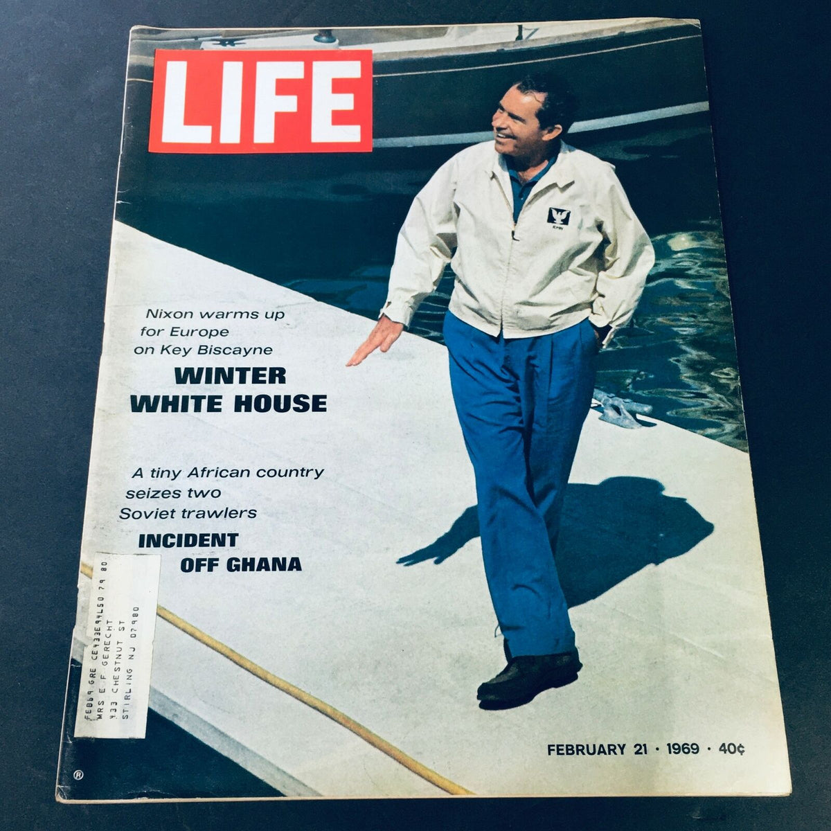 Cover of VTG Life Magazine February 21, 1969, featuring Richard Nixon warming up for Europe, with headline 'Winter White House' and details about Key Biscayne and an incident off Ghana.