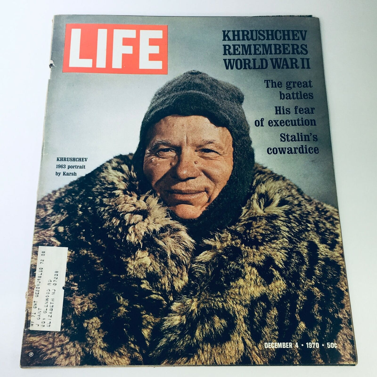 VTG Life Magazine December 4 1970 featuring Nikita Khrushchev's 1963 portrait by Yousuf Karsh, highlighting vintage magazine design with historical significance.