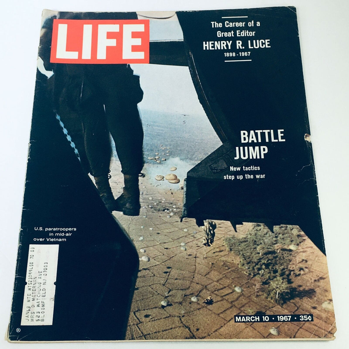 VTG Life Magazine Cover from March 10, 1967, featuring The Career of a Great Editor Henry R. Luce, with a striking image highlighting U.S. paratroopers in mid-air over Vietnam.