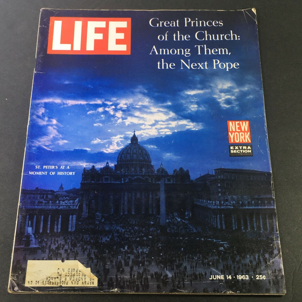 Cover of VTG Life Magazine June 14 1963 - St. Peter's At A Moment of History on Next Pope, featuring a historic image of St. Peter's Basilica with dramatic skies.