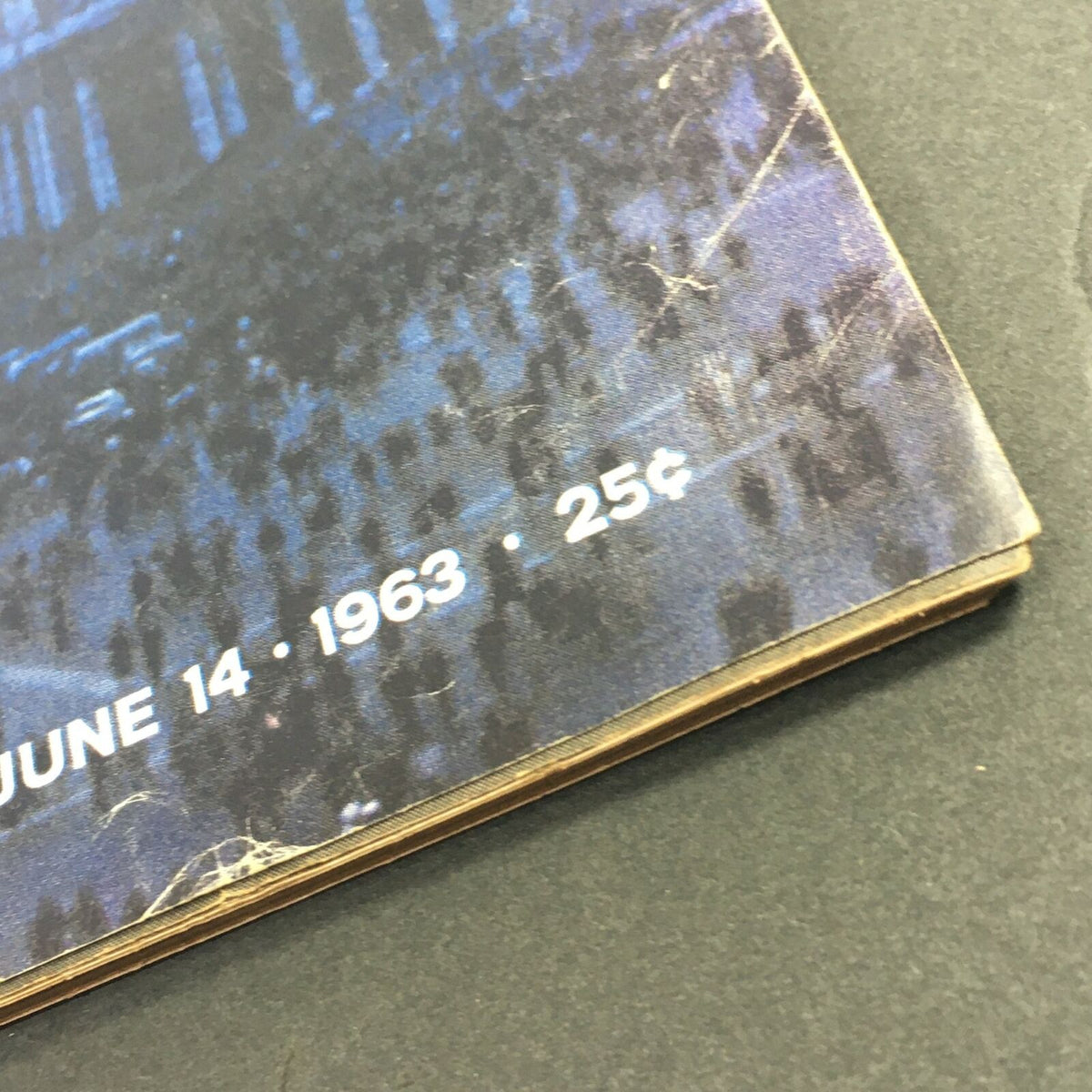 Detailed view of the bottom corner of VTG Life Magazine June 14, 1963, showcasing the publication date and price, reflective of its historical significance regarding the next Pope.