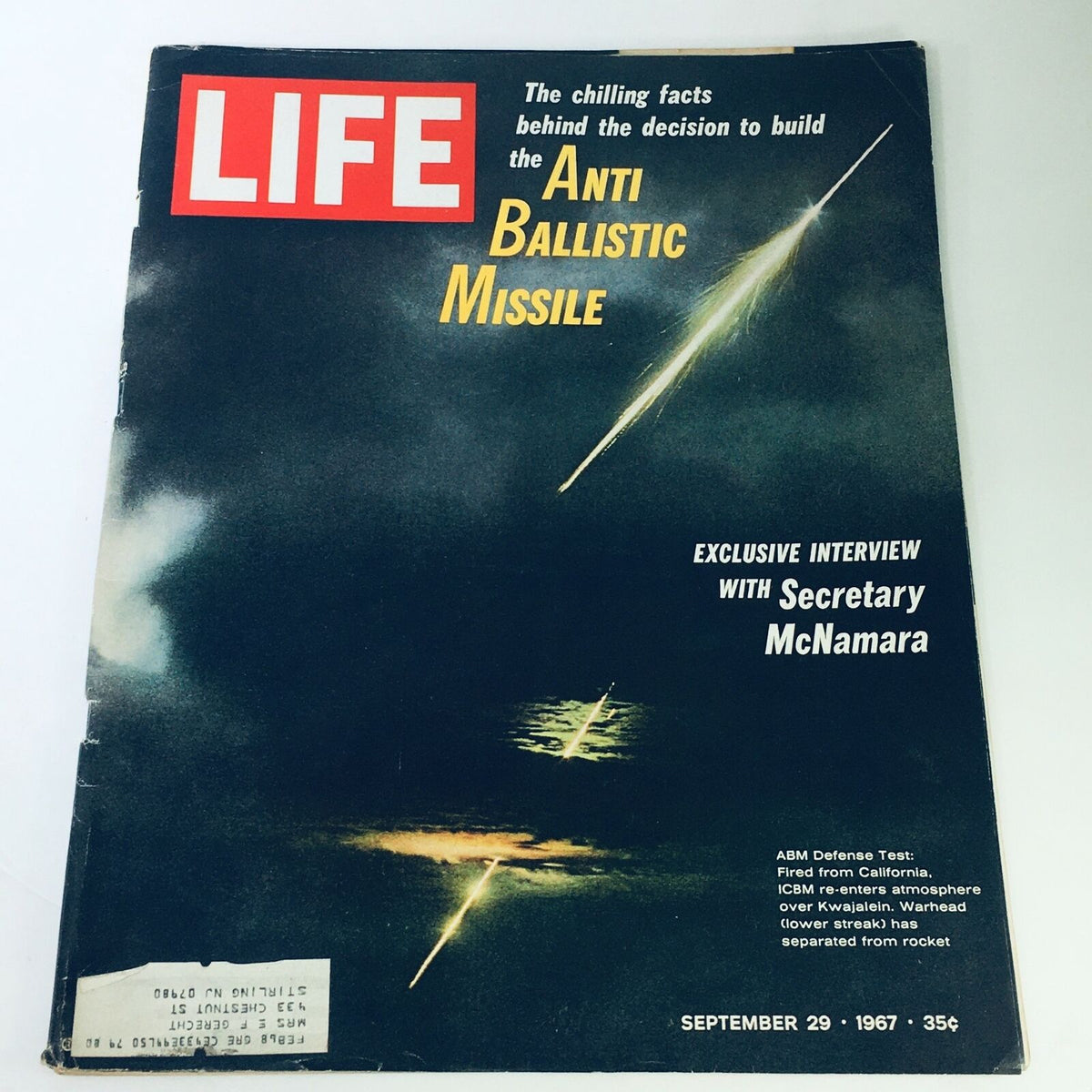 Cover of VTG Life Magazine dated September 29, 1967, featuring the headline 'The Chilling Facts Behind the Decision to Build the Anti Ballistic Missile' with an illustration of missile tests. Exclusive interview with Secretary McNamara mentioned.