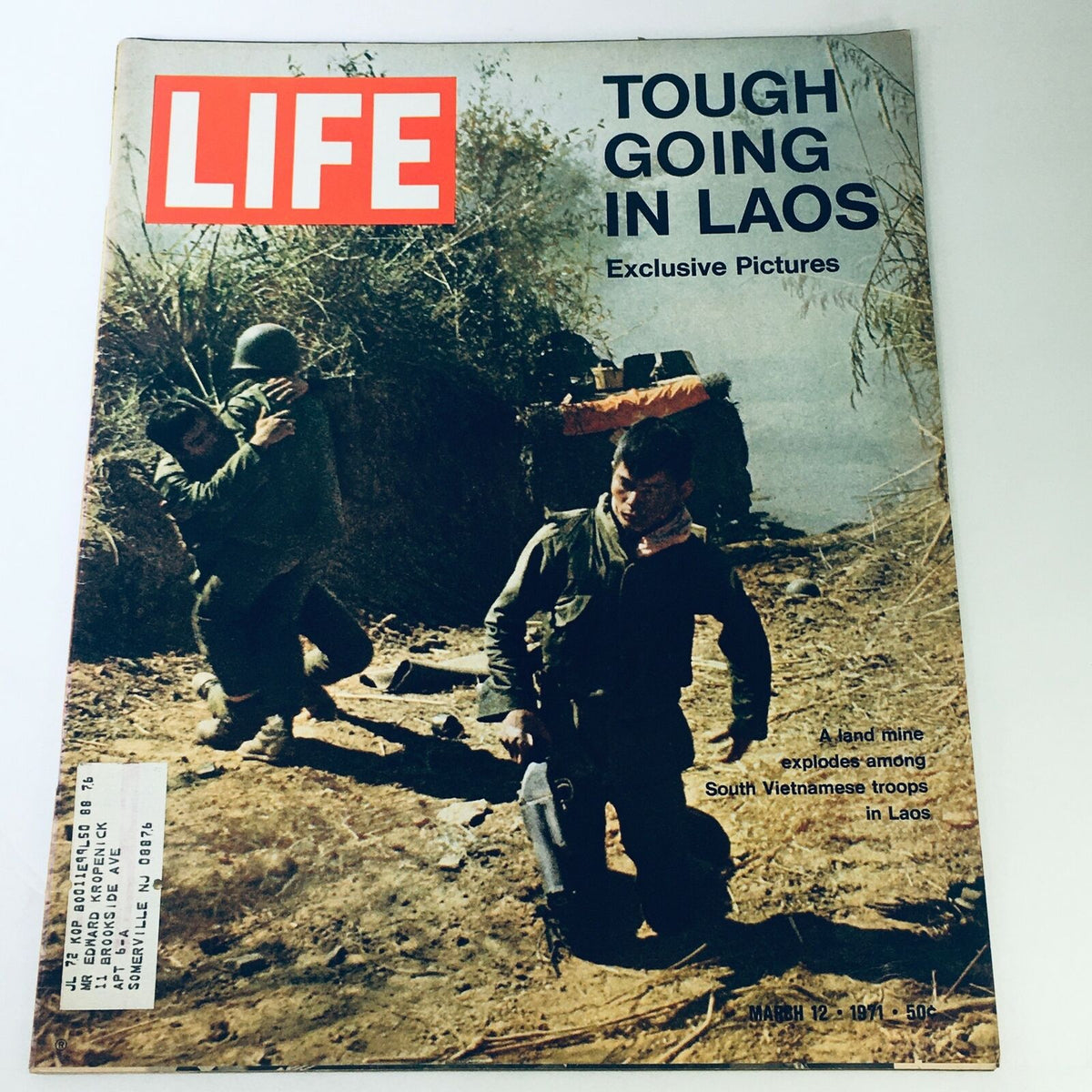 VTG Life Magazine March 12 1971 featuring a cover story on Tough Going In Laos with an image depicting South Vietnamese troops amidst war conditions.