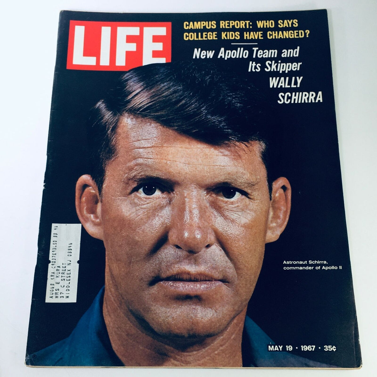 VTG Life Magazine May 19 1967 featuring astronaut Wally Schirra, commander of Apollo II, with a close-up portrait on the cover, showcasing the iconic red 'LIFE' logo and highlighting the significance of the Apollo space program.