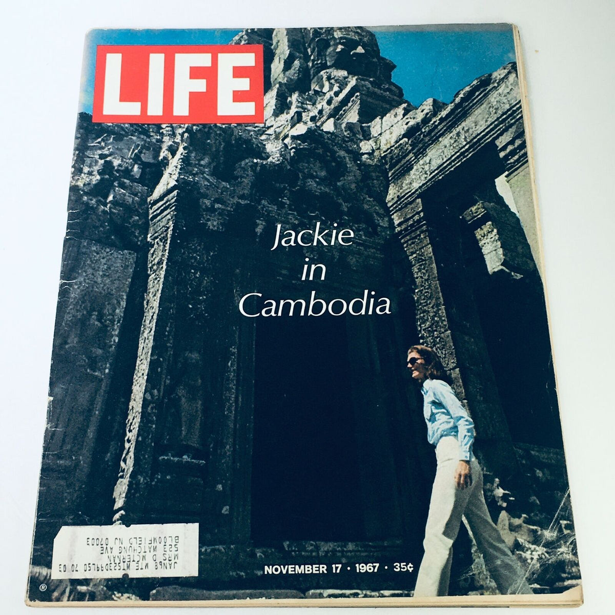 Cover of VTG Life Magazine from November 17, 1967 featuring Jacqueline Kennedy during her visit to Cambodia, showcasing historical significance.