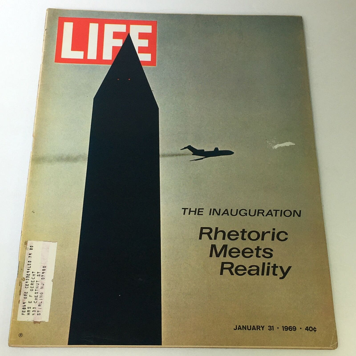 VTG Life Magazine January 31 1969 - The Inauguration Rhetoric Meets Reality featuring a striking cover design with the silhouette of the Washington Monument and an airplane, capturing a significant moment in American history.