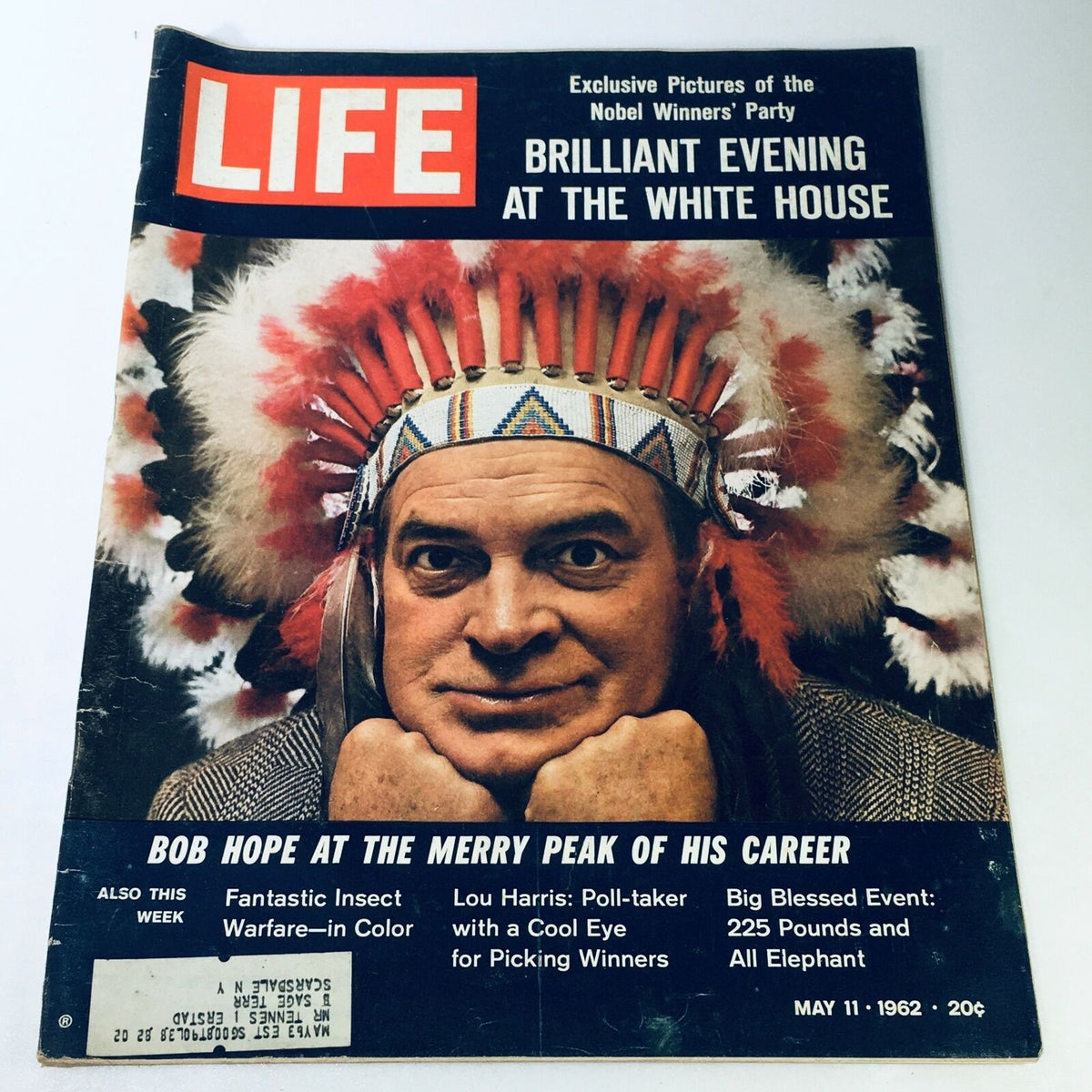 Vintage Life Magazine cover from May 11, 1962, featuring Bob Hope at the Merry Peak of his Career, showcasing his charismatic persona with a unique headdress. This nostalgic collectible captures a significant moment in entertainment history.