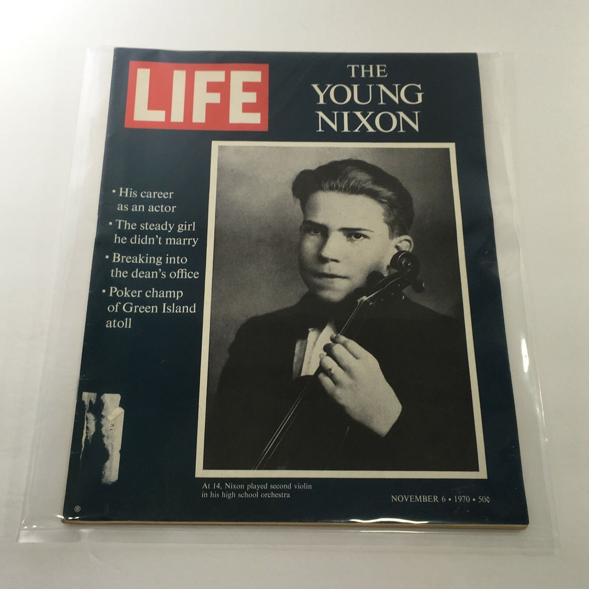 VTG Life Magazine from November 6, 1970, featuring a cover story titled 'The Young Nixon Played Second Violin', showcasing a young Richard Nixon with a violin, highlighting his early life and interests.