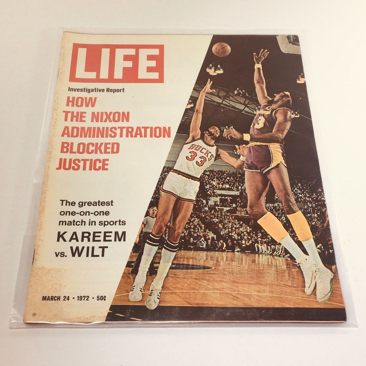 Cover of VTG Life Magazine: March 24, 1972 featuring Kareem Abdul-Jabbar and Wilt Chamberlain in action, highlighting the Nixon Administration's impact on justice.
