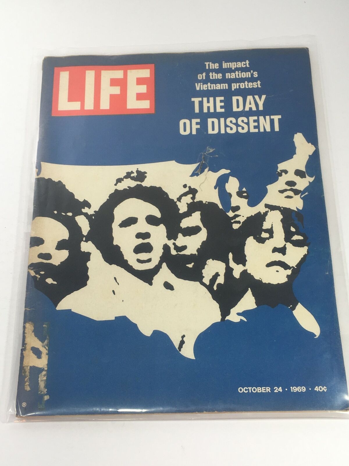 VTG Life Magazine: October 24 1969 cover featuring the title 'The Day of Dissent,' highlighting the impact of the nation's Vietnam protest with iconic artwork.