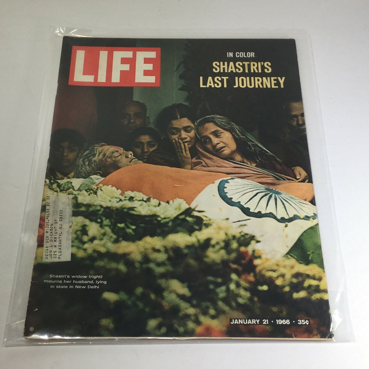 VTG Life Magazine Cover from January 21, 1966, featuring the title 'Shastri's Last Journey' with a poignant color image depicting mourners at the funeral of Indian Prime Minister Lal Bahadur Shastri.