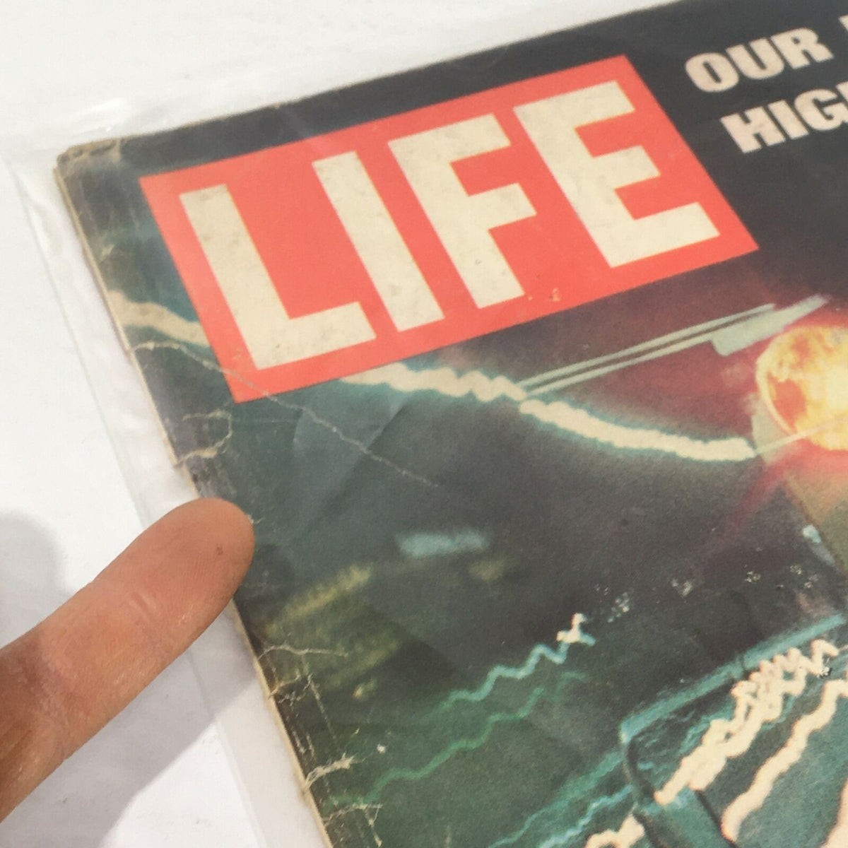 Close-up view of the top corner of the VTG Life Magazine cover 'Our Deadliest Killer Highways' from May 30, 1969, showing minor wear and the title prominently.