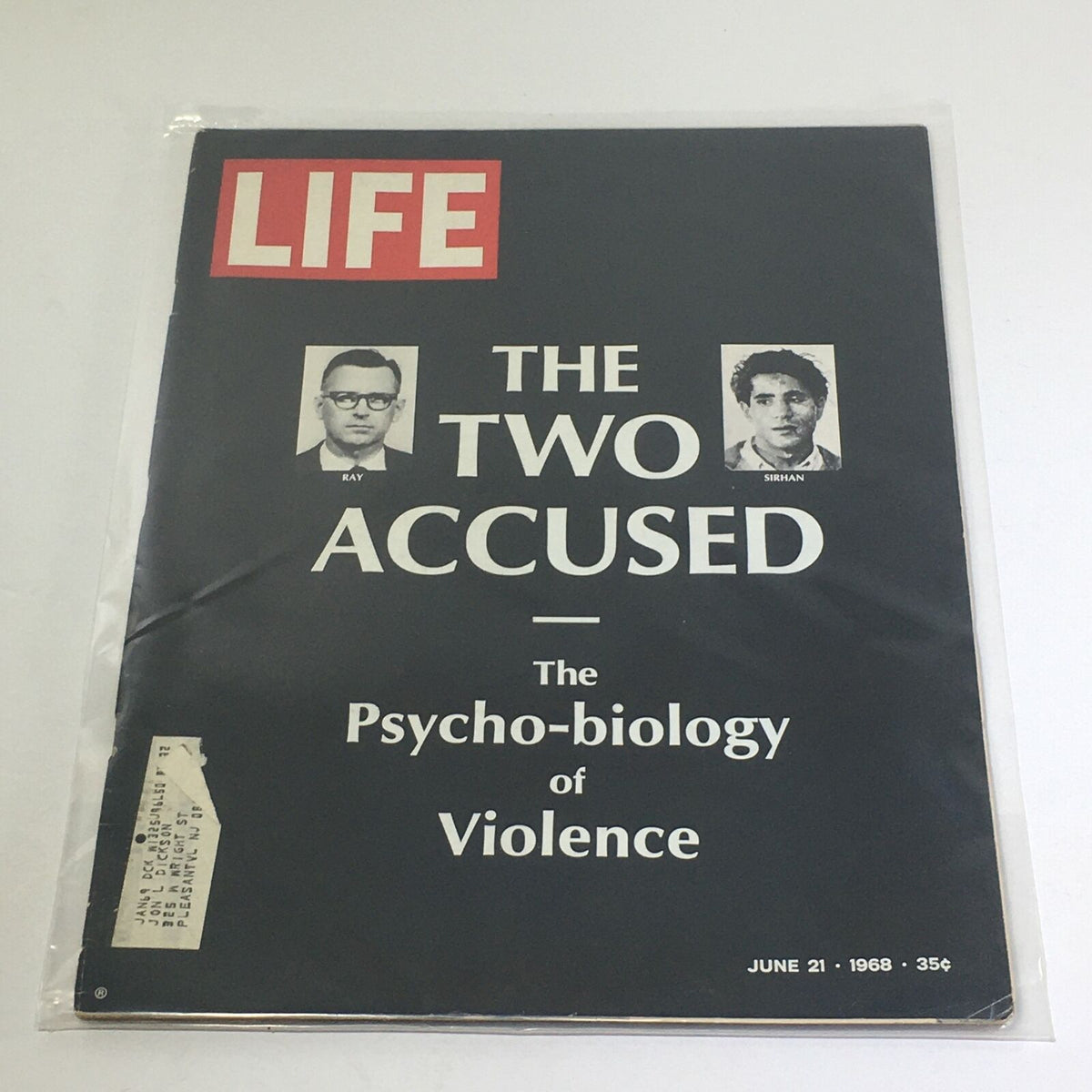 Cover of VTG Life Magazine from June 21, 1968 featuring the title 'The Psycho-Biology of Violence' and images of the two accused, Ray and Sirhan.