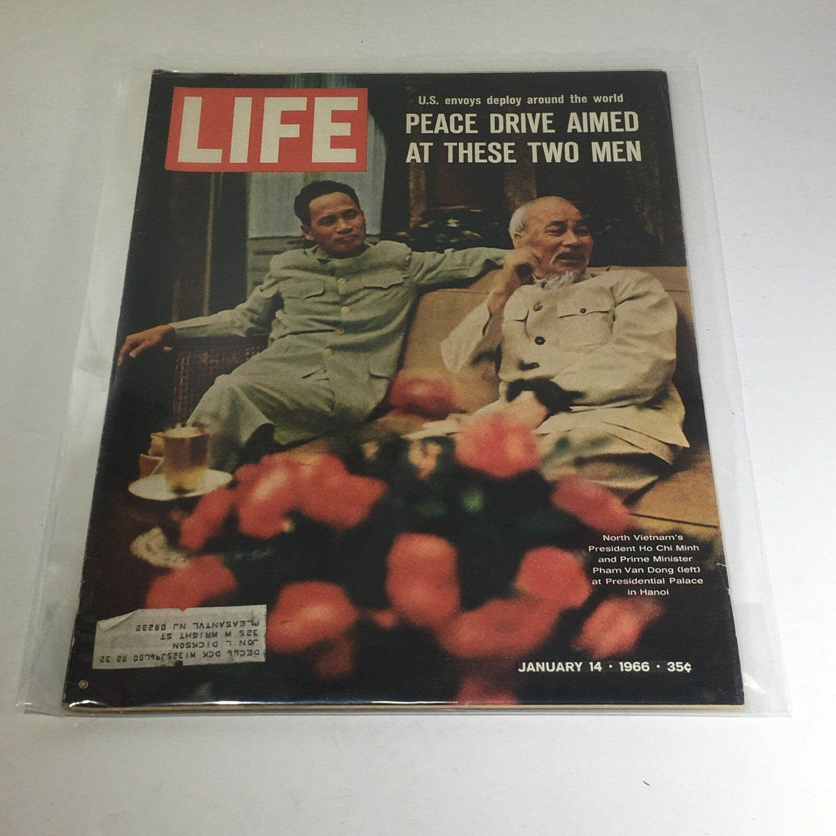 VTG Life Magazine: January 14 1966 cover featuring North Vietnam's President Ho Chi Minh and Prime Minister Pham Van Dong, showcasing significant historical figures and the magazine's iconic branding.