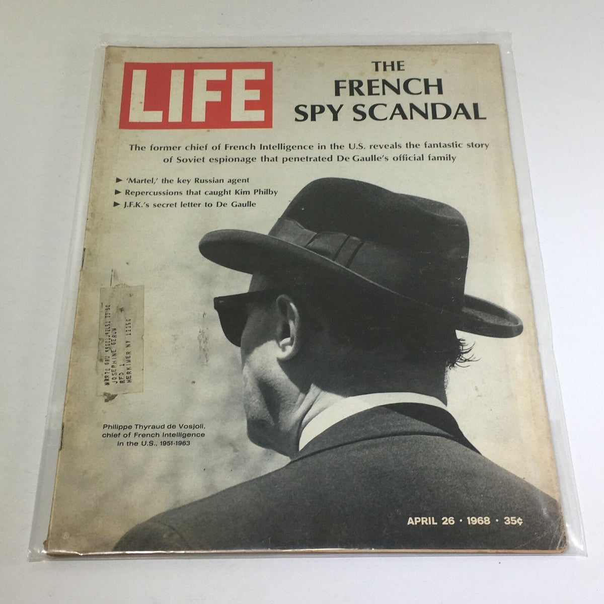 Cover of VTG Life Magazine from April 26, 1968, featuring 'The French Spy Scandal' with an image of a man in a hat and sunglasses, highlighting Philippe Thyraud de Vosjoli, a key figure in French Intelligence.