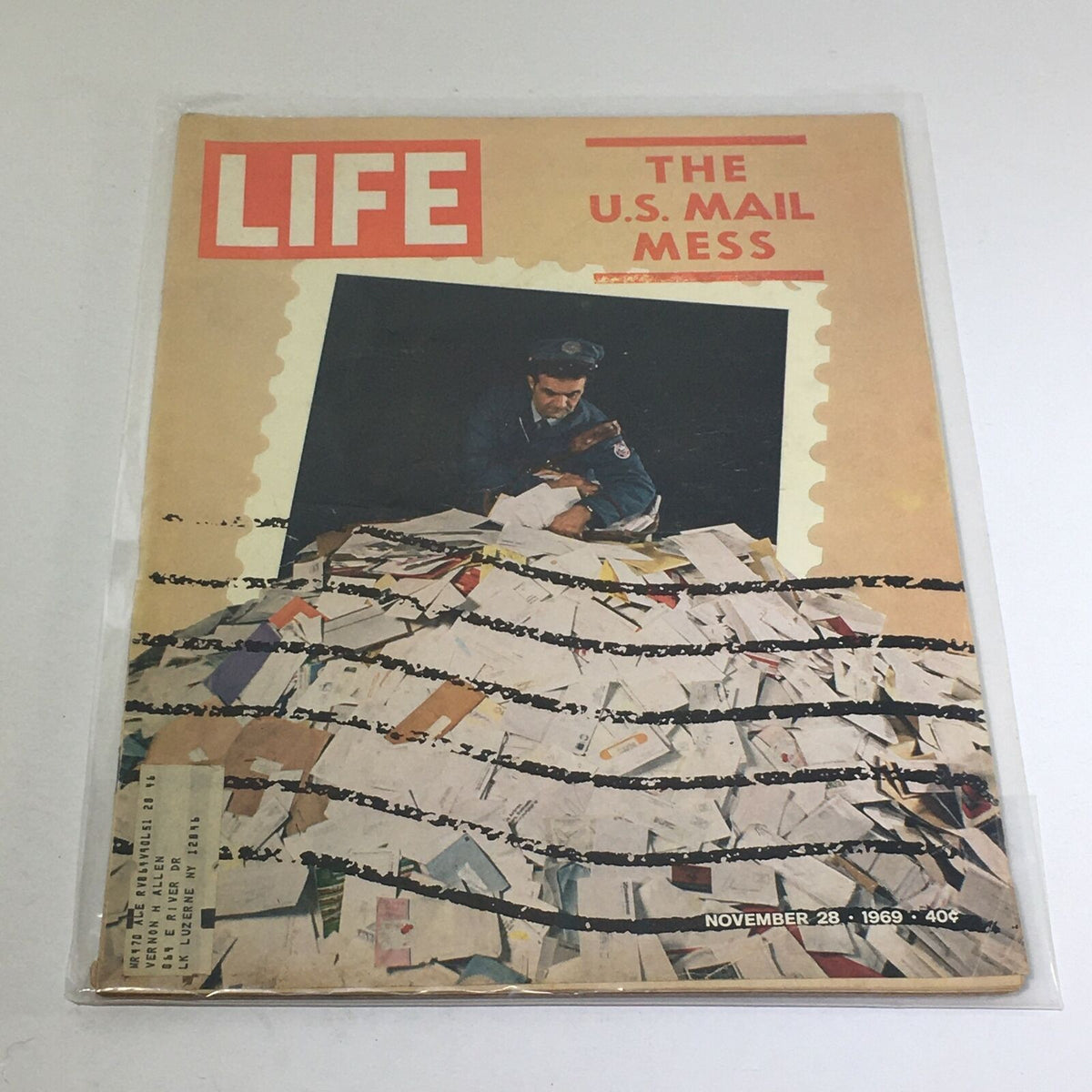 Cover of the vintage VTG Life Magazine from November 28, 1969, titled 'The U.S. Mail Mess', featuring a postal worker amidst a pile of letters and packages.
