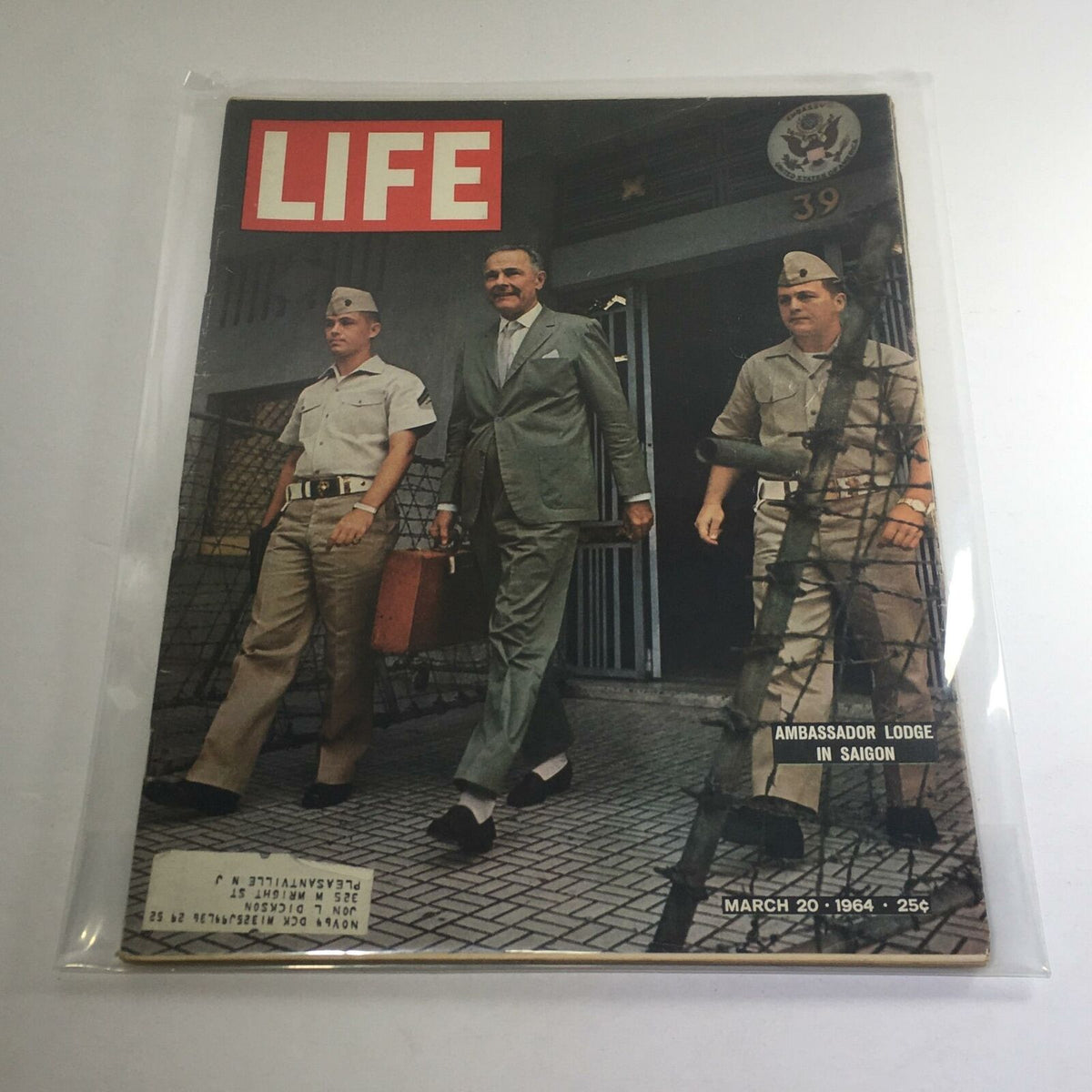 Cover of VTG Life Magazine: March 20, 1964 featuring Ambassador Lodge in Saigon with men in military and formal attire.