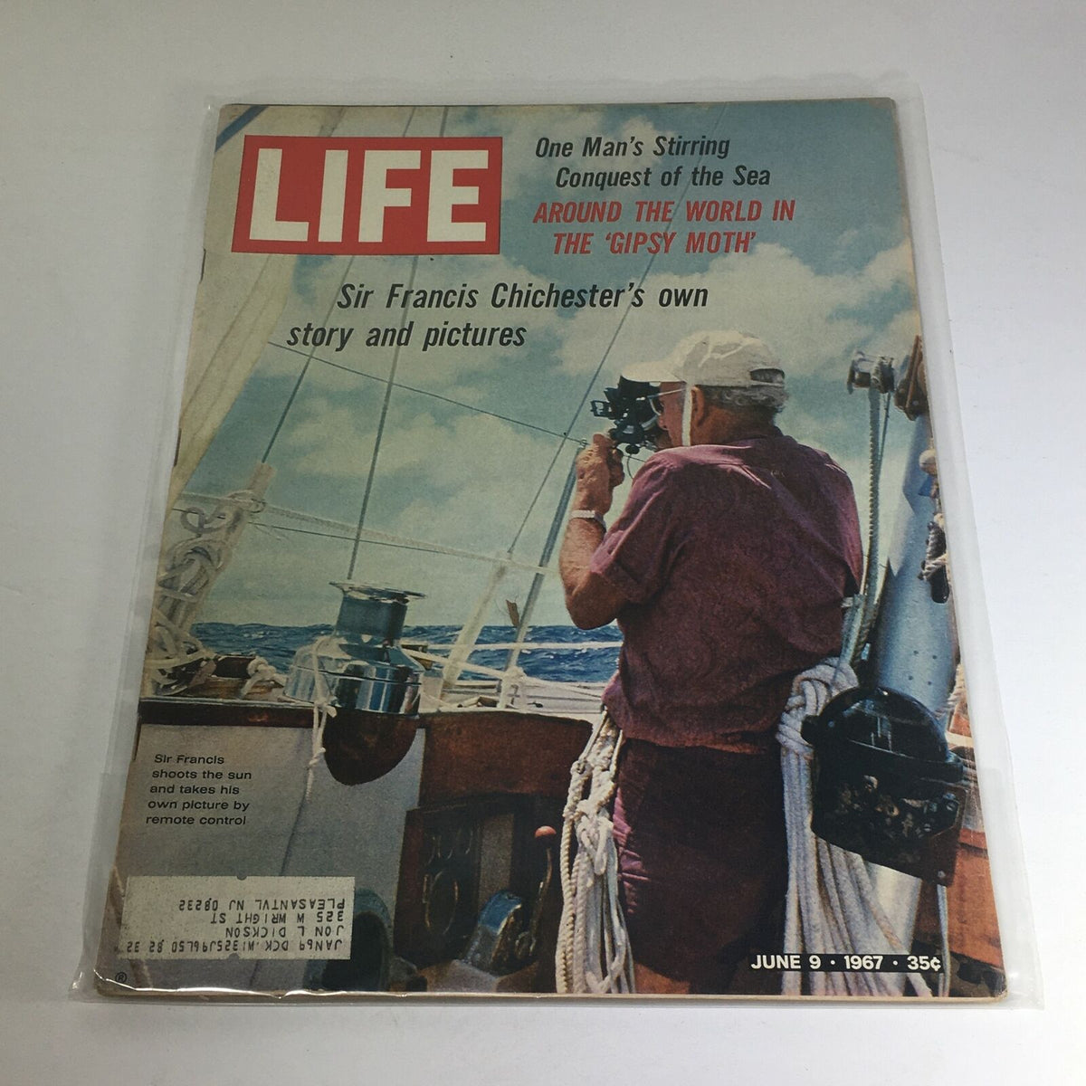 Cover of VTG Life Magazine from June 9, 1967 featuring Sir Francis Chichester's Own Story and Pictures, showcasing him on a boat at sea with photography equipment.
