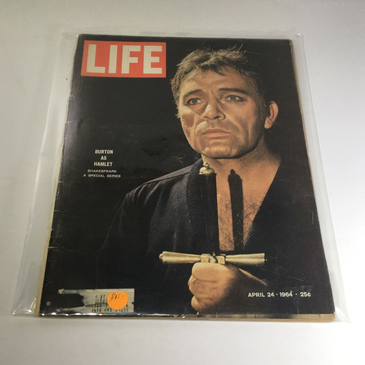 Vintage Life Magazine cover from April 24, 1964, featuring Richard Burton as Hamlet in a special issue dedicated to Shakespeare, showcasing a powerful portrayal.