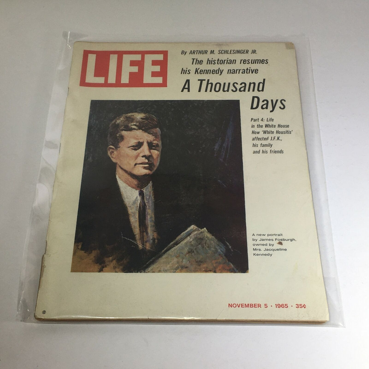 Vintage Life Magazine cover from November 5, 1965 featuring John F. Kennedy and the narrative 'A Thousand Days' by Arthur M. Schlesinger Jr.