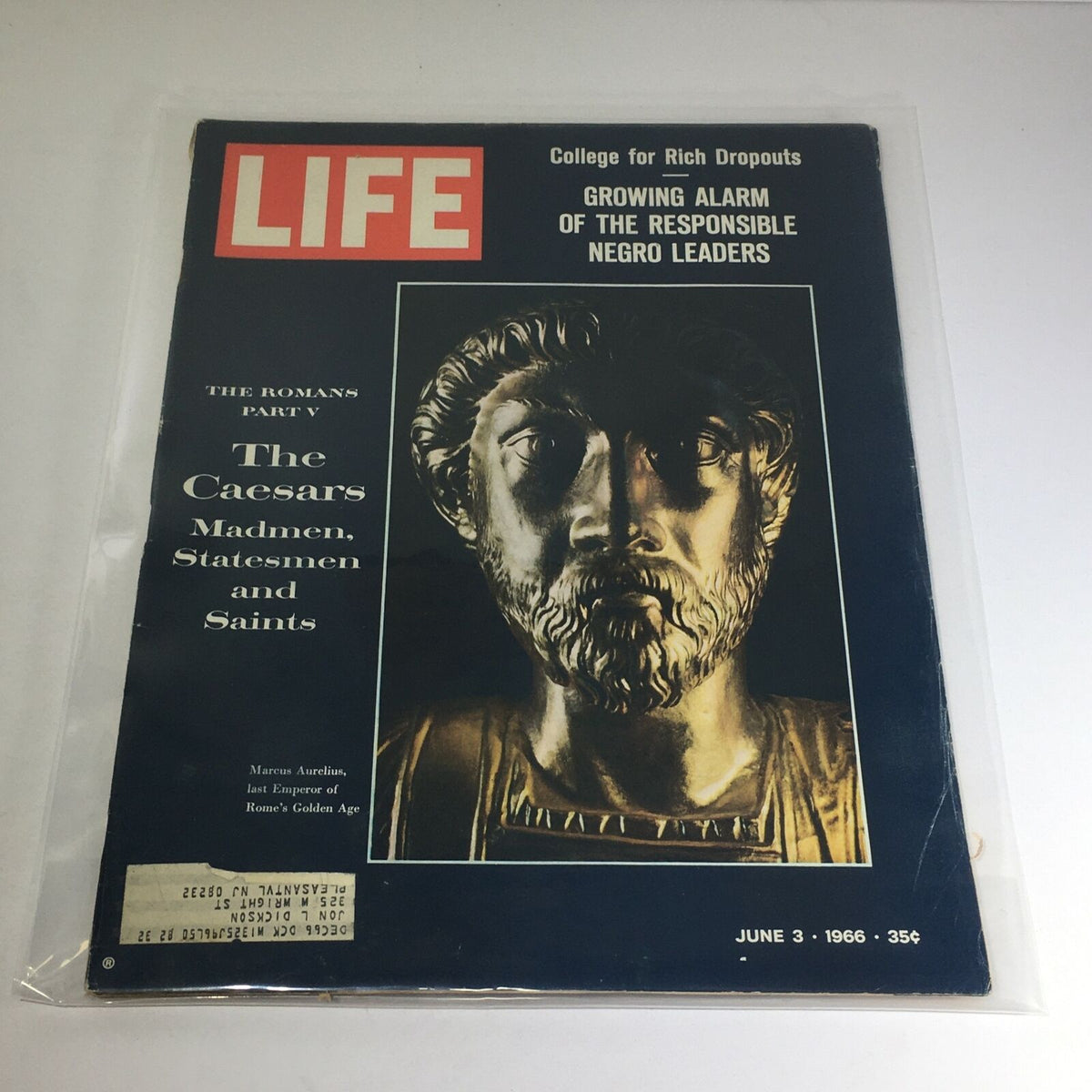 Cover of VTG Life Magazine from June 3, 1966, featuring 'The Romans Part V: The Caesars Madmen & Saints' with a sculpture of Roman emperor Marcus Aurelius.