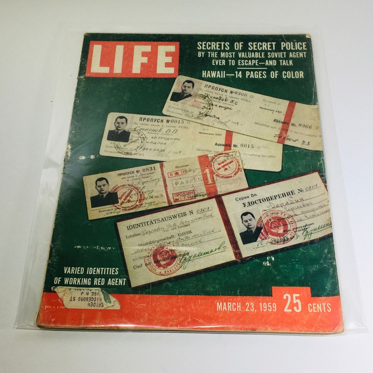 Cover of VTG Life Magazine dated March 23, 1959, featuring the headline 'Secrets of Secret Police' with images of identification cards, highlighting the theme of 'Varied Identities'.