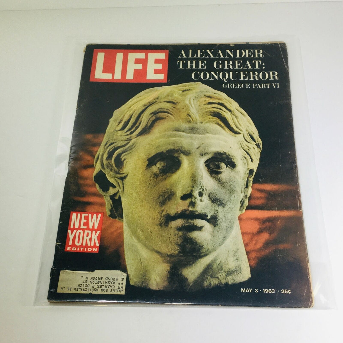 VTG Life Magazine Cover from May 3, 1963 featuring Alexander The Great: Conqueror, showing a bust sculpture against a dramatic background, labeled New York Edition.