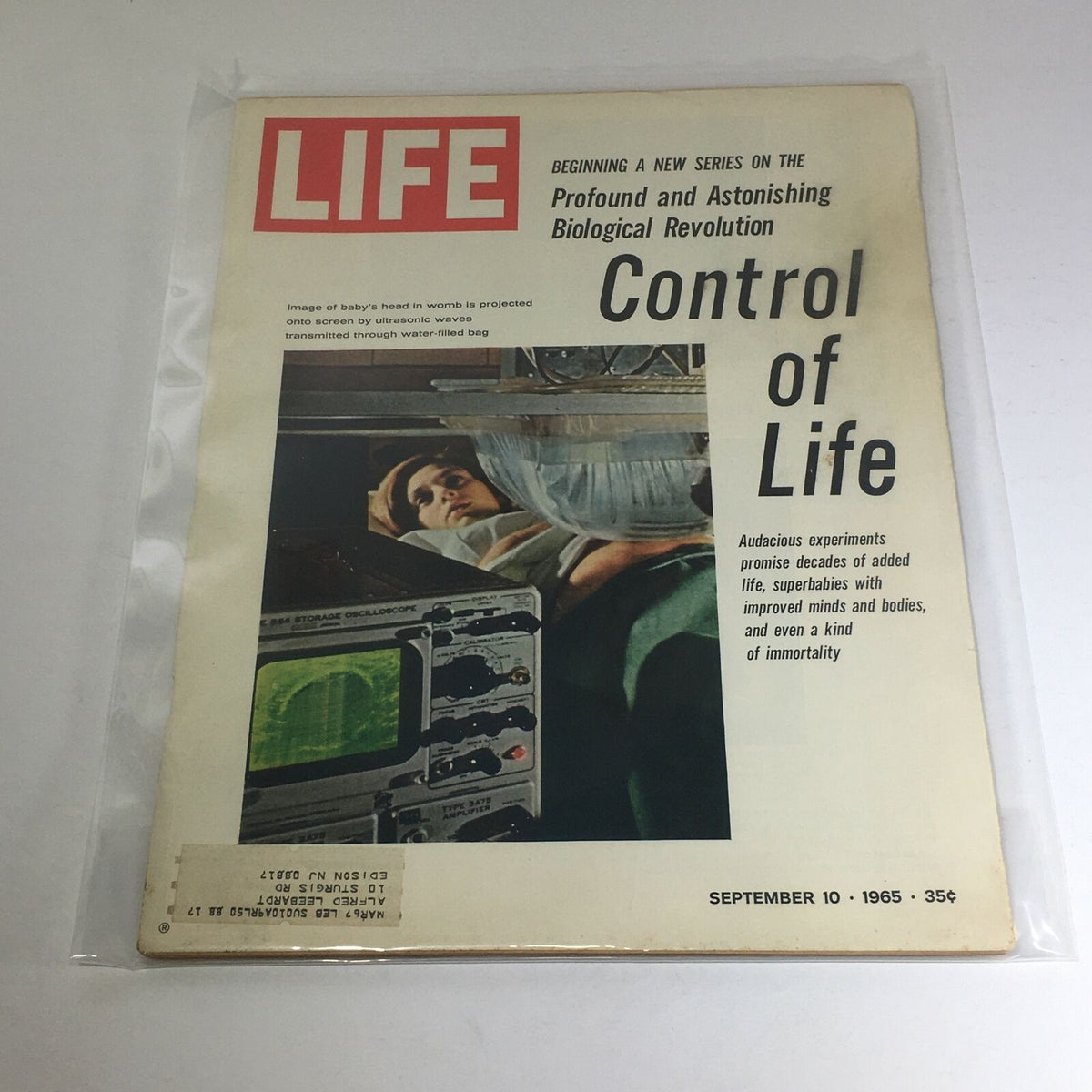 Cover of VTG Life Magazine from September 10, 1965, featuring the theme 'Biological Revolution: Control of Life' with an image of a baby’s head projected on a screen and medical equipment in the foreground.