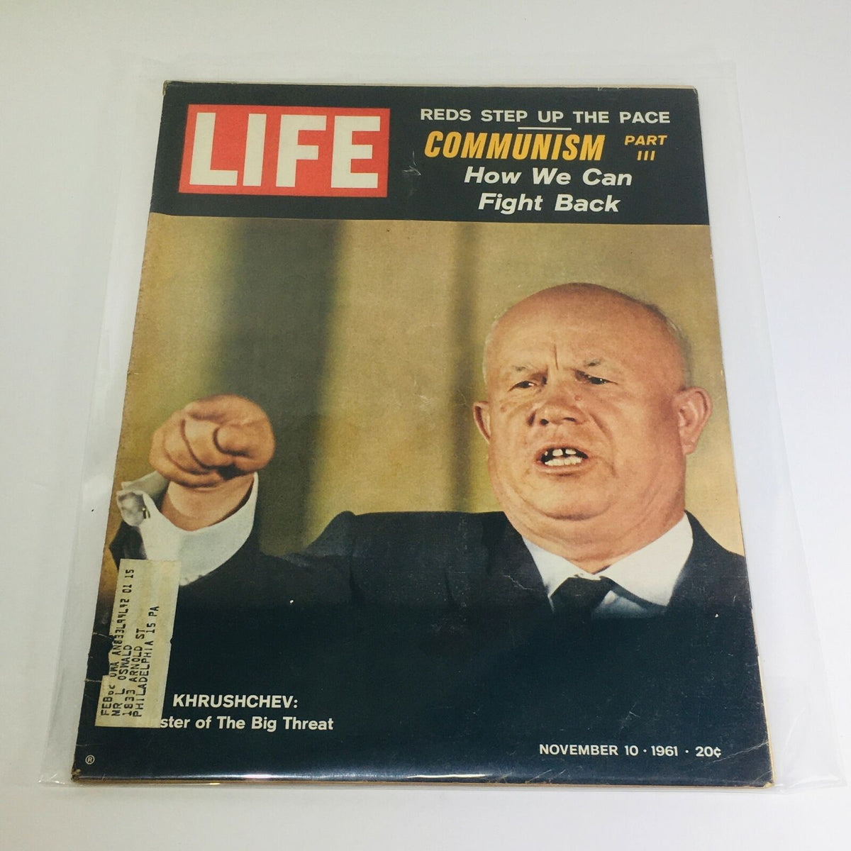Cover of VTG Life Magazine from November 10, 1961 featuring Khrushchev: Master of the Big Threat/Communism with a bold visual and headline reflecting Cold War themes.