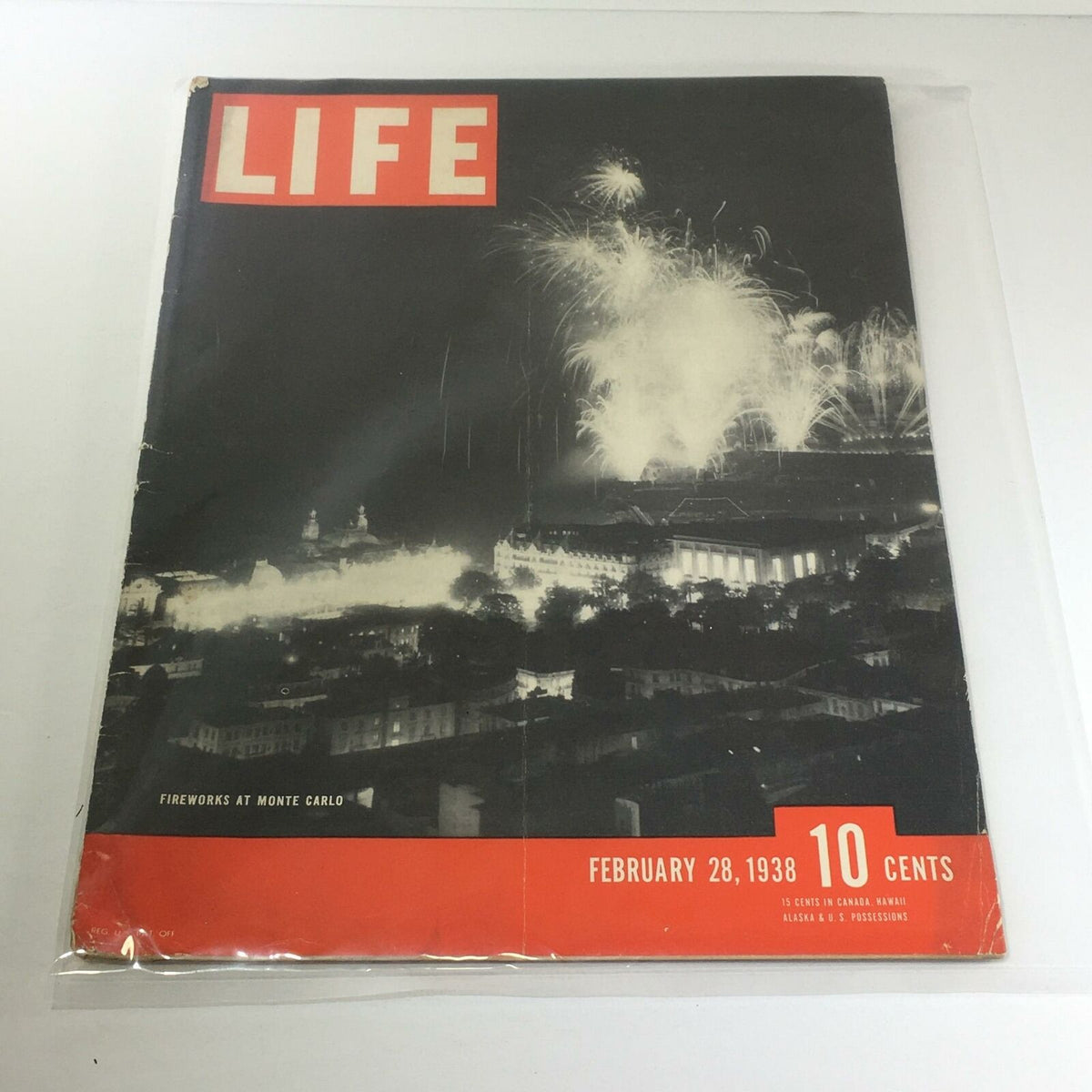 Vintage Life Magazine cover from February 28, 1938, featuring the title 'Fireworks At Monte Carlo' with a stunning black and white image of fireworks celebrating in Monte Carlo.