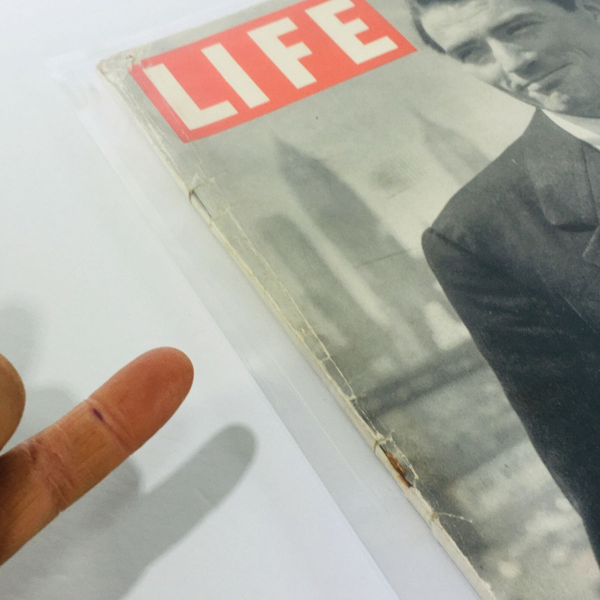 Close-up of VTG Life Magazine cover, December 1, 1947, Gregory Peck; highlights magazine condition with stamped address label.