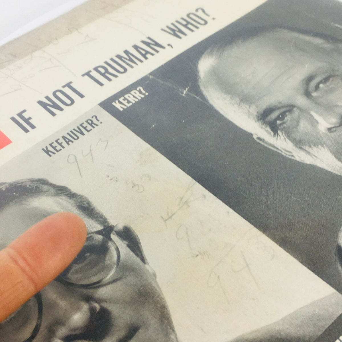 Inside page of the vintage Life Magazine from March 24, 1952, displaying the question 'If Not Truman, Who?' with images of Democratic presidential candidates Kefauver and Kerr.