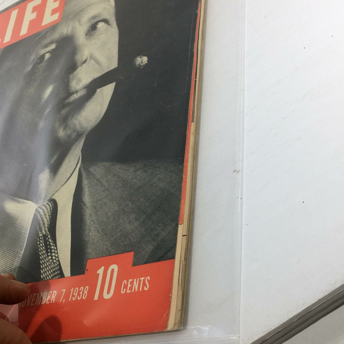Side view of Vintage Life Magazine: A California Candidate, dated November 7, 1938, displaying the magazine's spine and additional details such as the publication date and price.