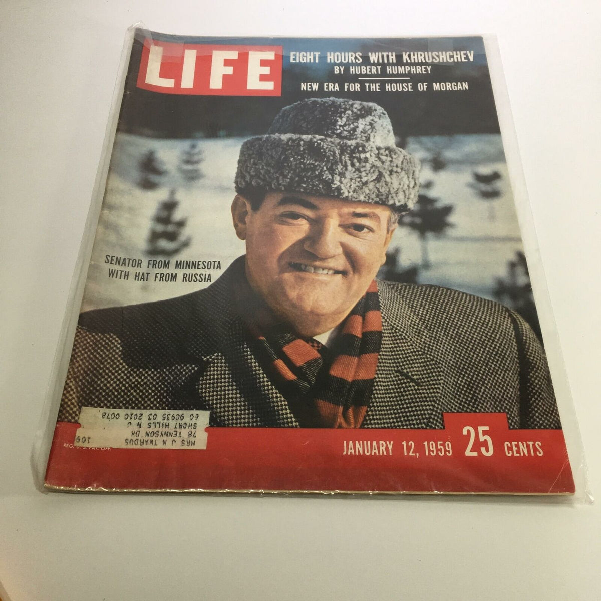 Cover of Life Magazine January 12 1959 featuring an article 'Eight Hours with Nikita Khruschev' by H. Humphrey, showcasing a smiling man in a fur hat and scarf, with the date and price prominently displayed.