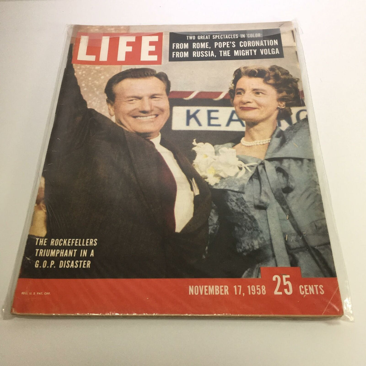 Cover of Life Magazine from November 17, 1958, featuring the headline 'The Rockefellers Triumphant on a GOP Disaster' with images of smiling individuals, highlighting a significant moment in American political history.