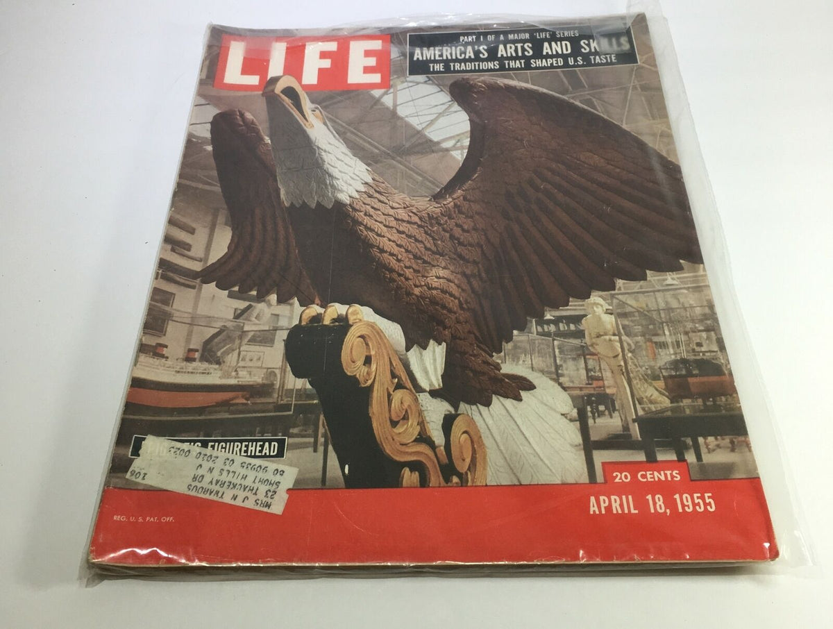 Cover of VTG Life Magazine April 18 1955 featuring the Eagle Frigate Figurehead, showcasing America's artistry and naval tradition, set against a backdrop of an exhibition showcasing craftsmanship.