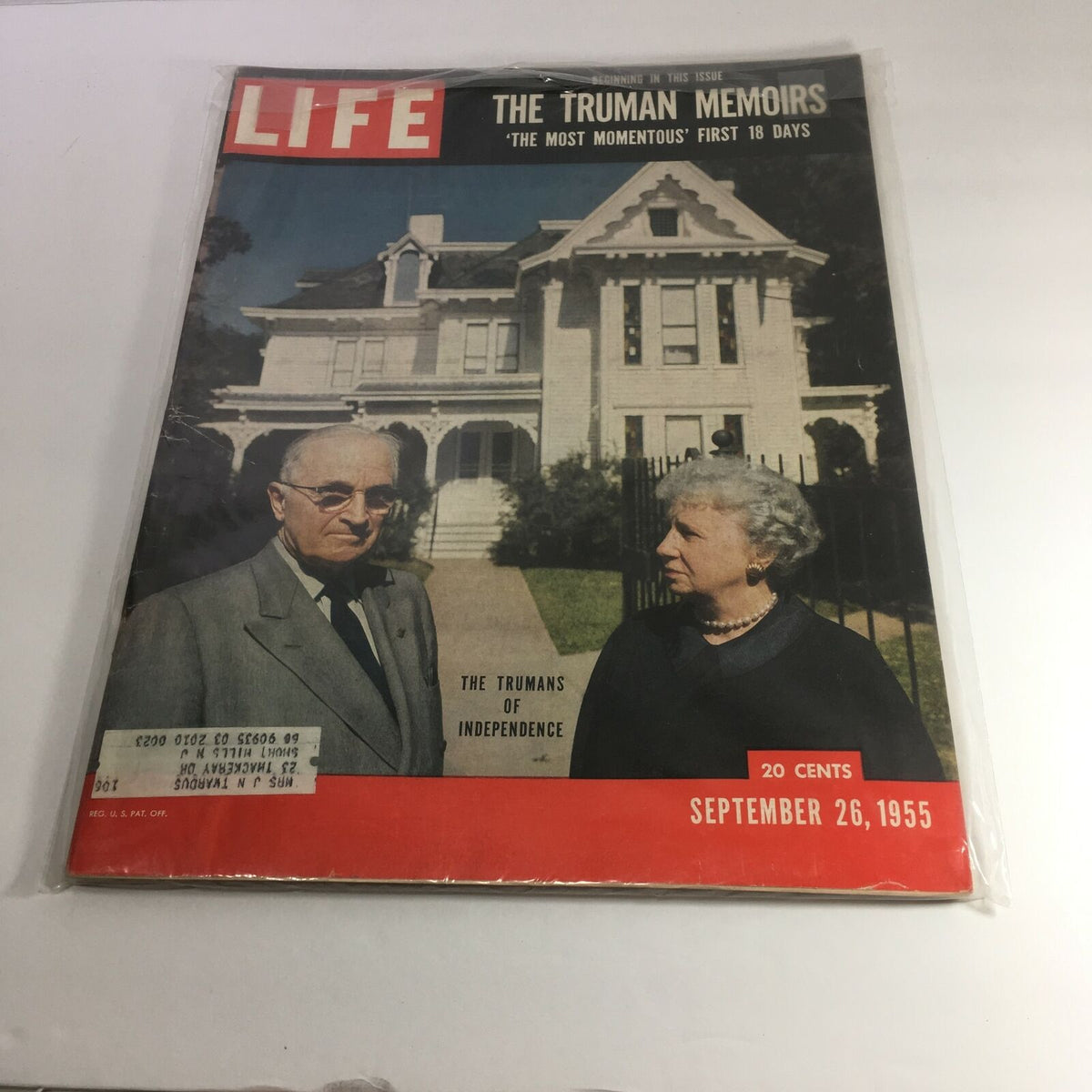 Cover of VTG Life Magazine from September 26, 1955 featuring Harry Truman and Sharon Ray Ritchee, highlighting The Truman Memoirs. The image shows Truman with a woman in front of a historic house.