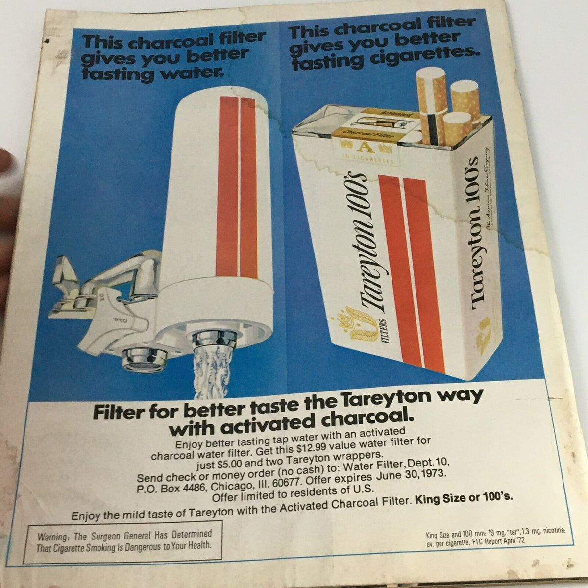 Advertisement page from VTG Life Magazine September 15 1972 showcasing a Tareyton charcoal filter for better-tasting water and cigarettes.