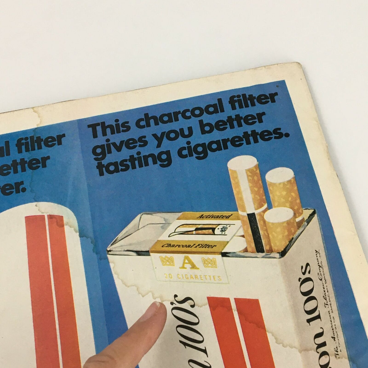 Close-up of an advertisement in VTG Life Magazine September 15 1972 emphasizing the Tareyton charcoal filter for improved cigarette flavor.
