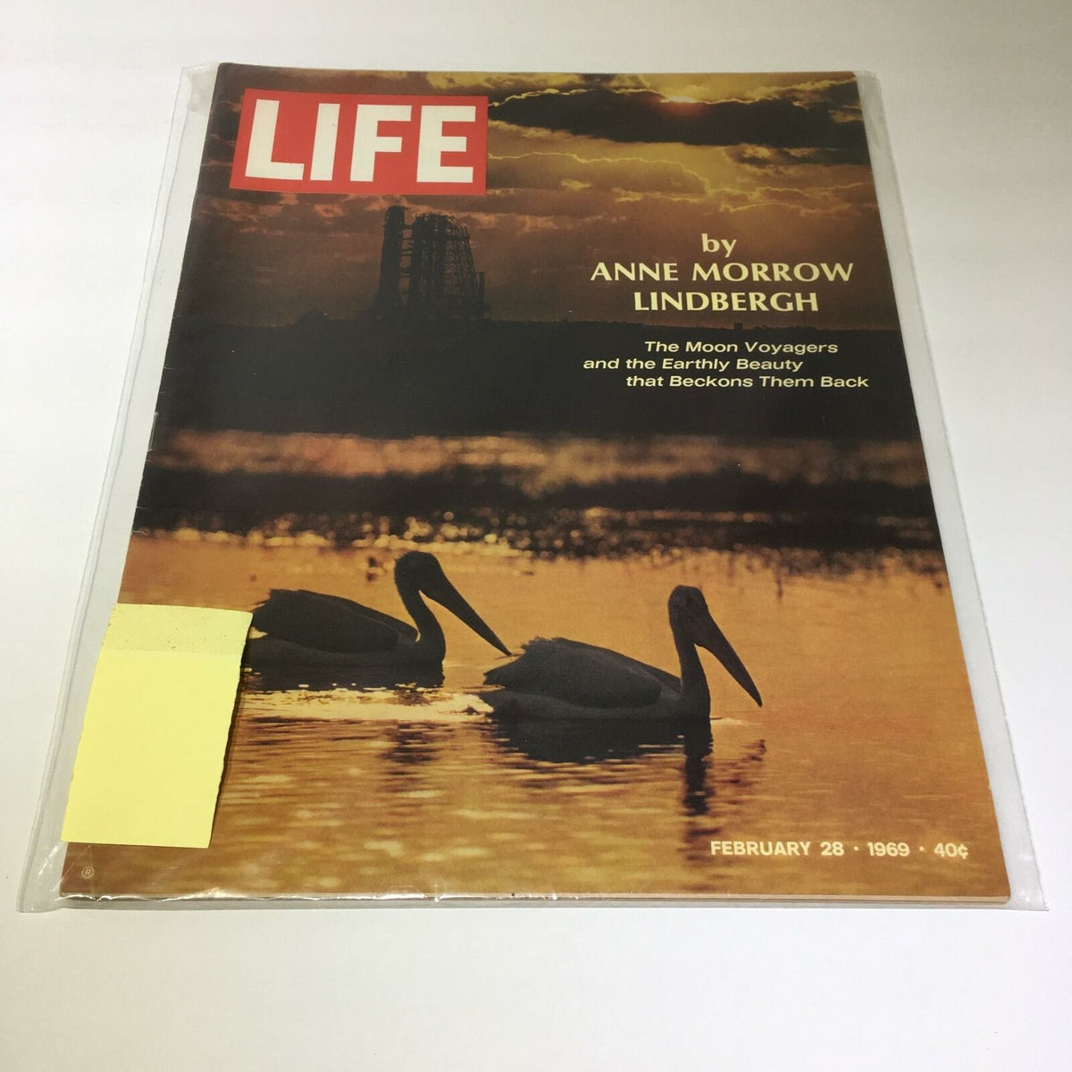 VTG Life Magazine February 28 1969 featuring an iconic cover with pelicans on water and a space launch background, highlighting Moon Voyagers and the Earthly Beauty by Anne Morrow Lindbergh.