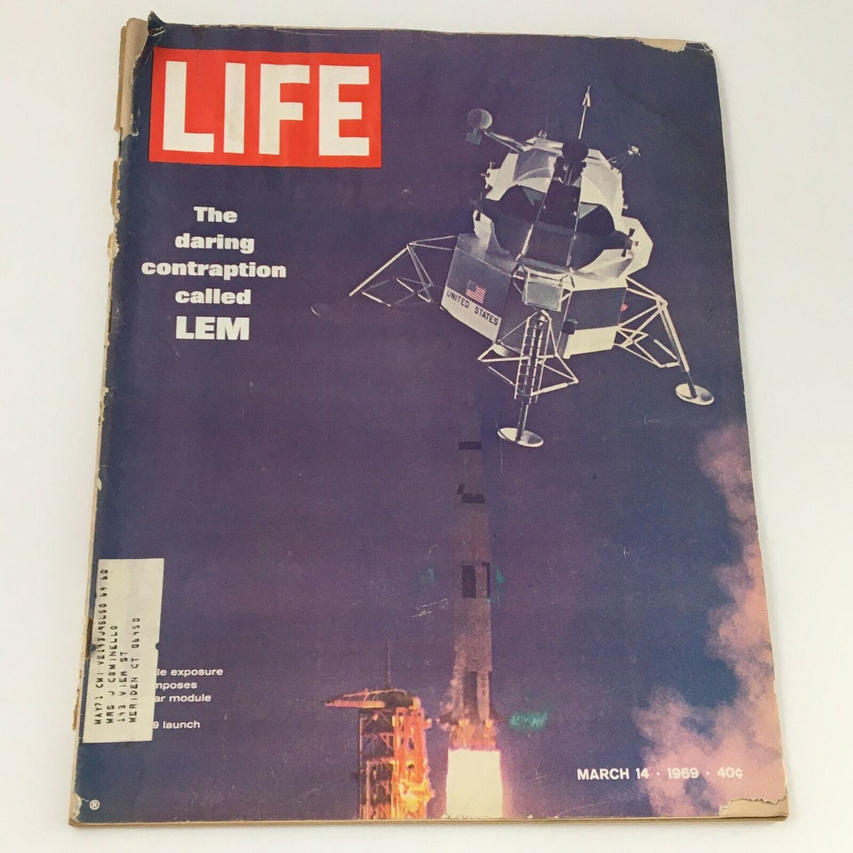 Cover of VTG Life Magazine March 14 1969 featuring the daring contraption called LEM, showcasing the Lunar Module during space exploration.