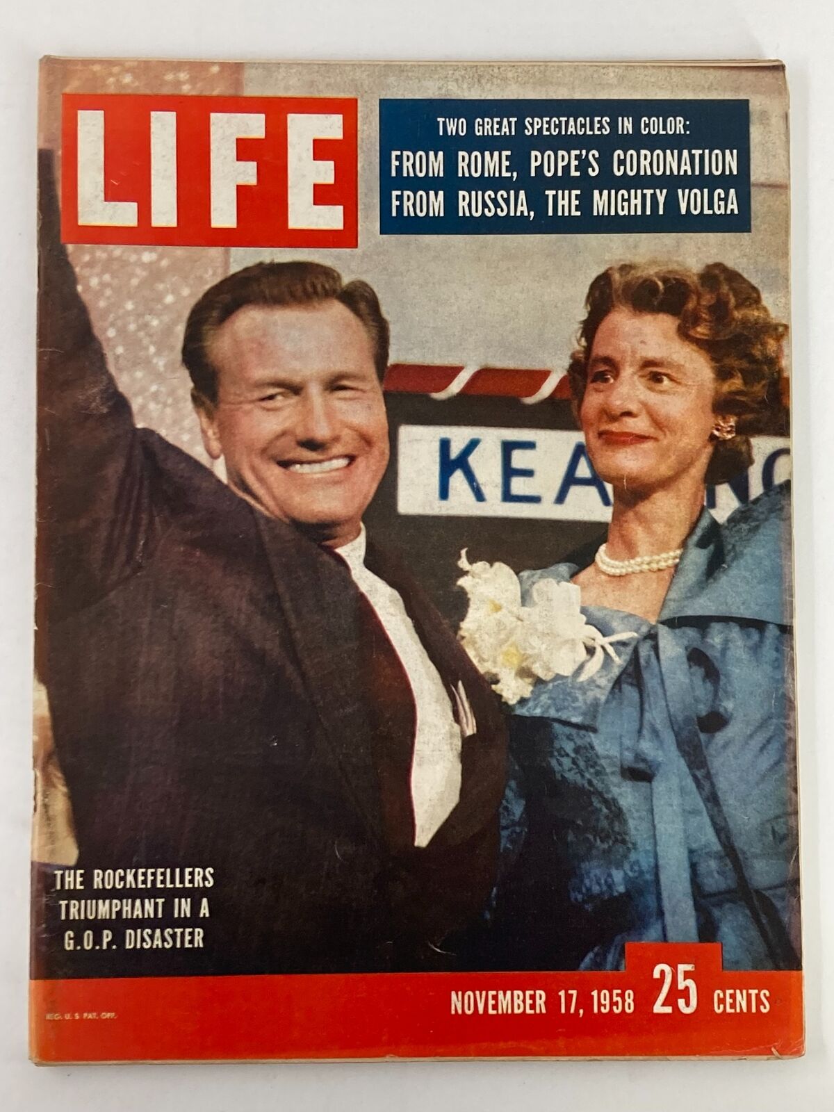VTG Life Magazine November 17 1958 featuring the Rockefellers triumph, including images of celebratory events and historical significance, a collector's item in good condition.