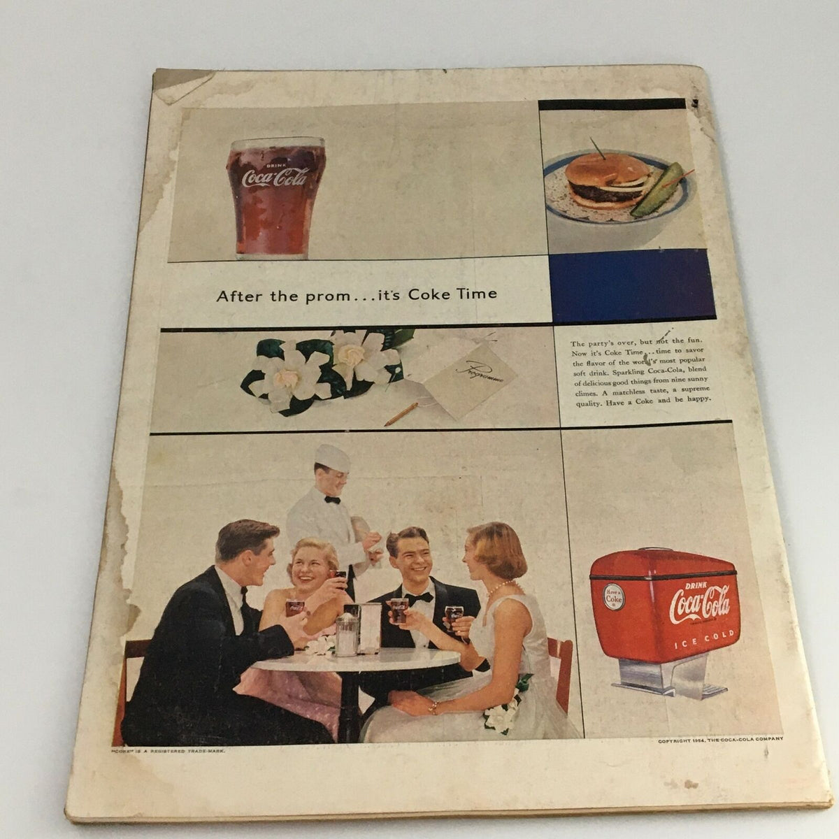 VTG Life Magazine February 1 1954 advertisement featuring a Coca-Cola theme, showcasing a group of friends enjoying drinks after a prom in a vintage setting.