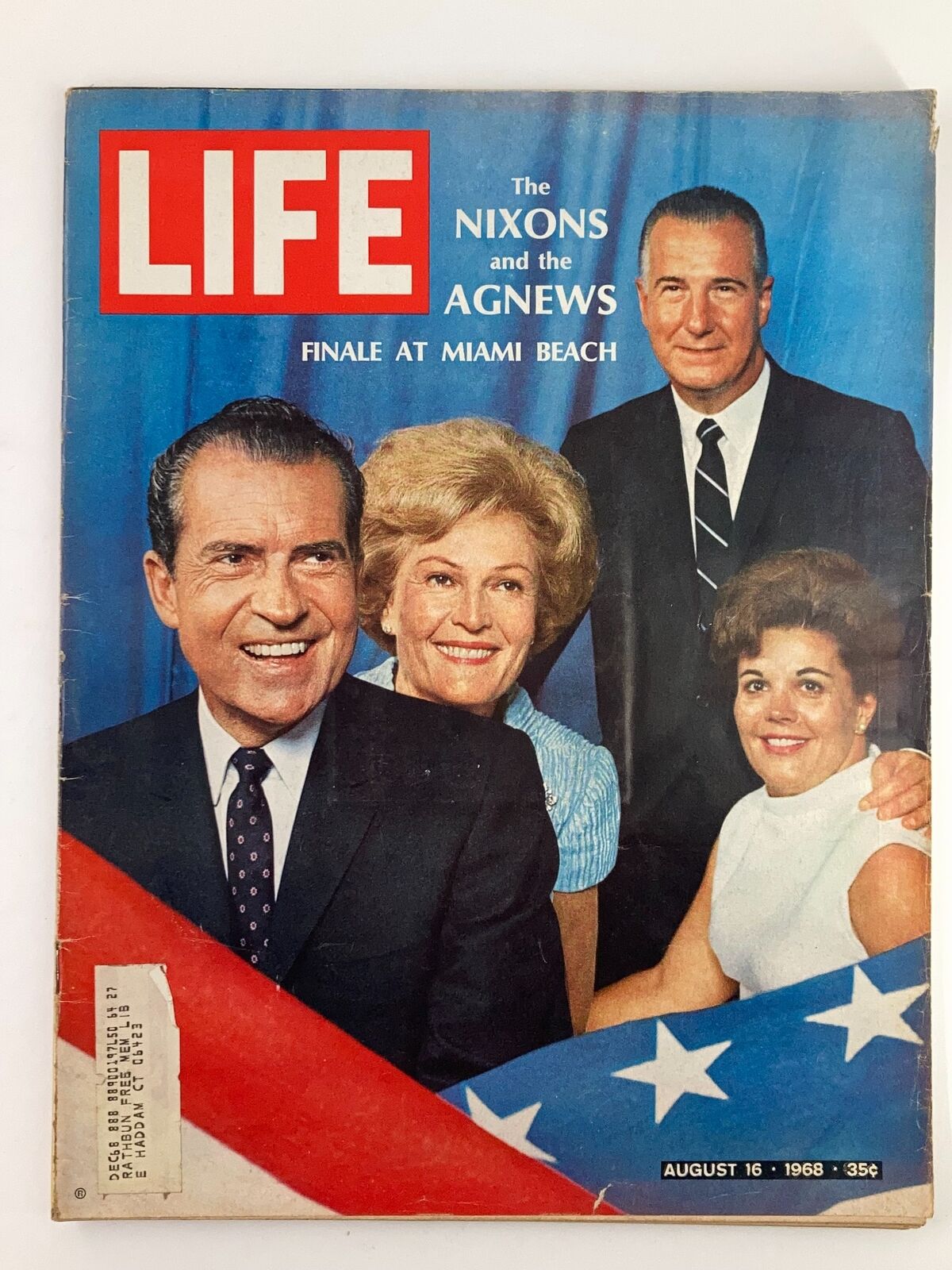 Cover of VTG Life Magazine from August 16, 1968 featuring The Nixons and The Agnews at Miami Beach, highlighting a significant moment in American history with a vibrant design and iconic figures.