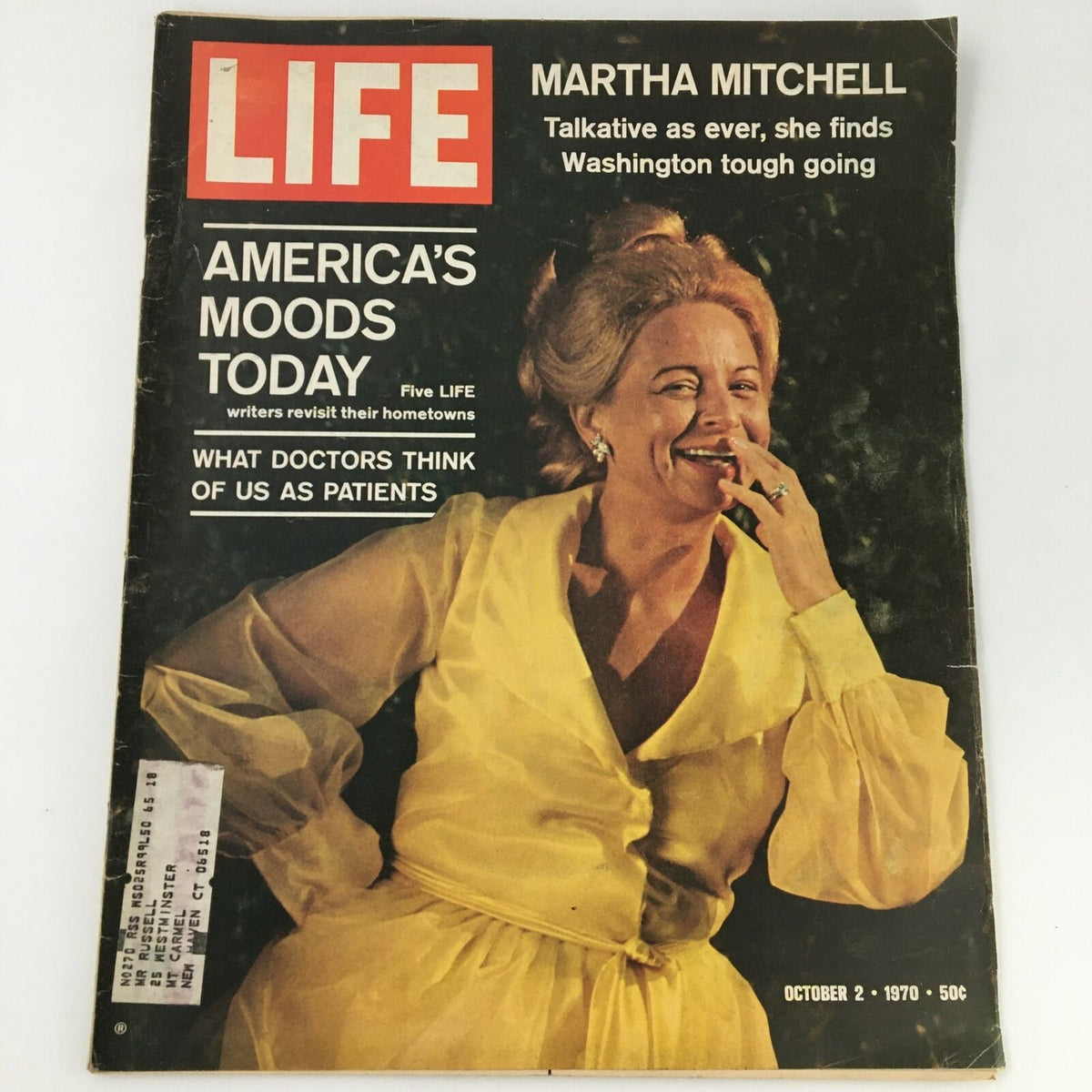 Cover of VTG Life Magazine from October 2, 1970 featuring Martha Mitchell, highlighting her candid nature and insights on the political climate. The magazine discusses America's moods today with the subtitle 'Talkative as ever, she finds Washington tough going.'
